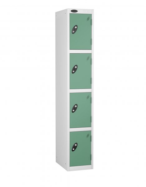 Single Metal Storage Locker | 4 Doors | 1780 x 305 x 305mm | White Carcass | Jade Door | Cam Lock | Probe