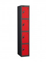 Single Metal Storage Locker | 4 Doors | 1780 x 305 x 305mm | Black Carcass | Red Door | Cam Lock | Probe