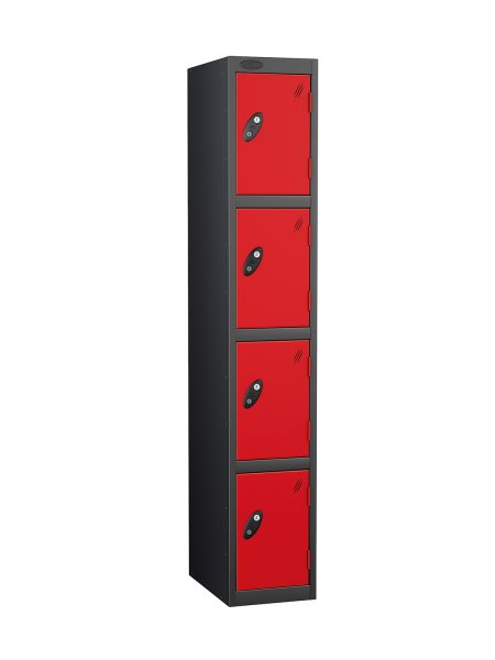 Single Metal Storage Locker | 4 Doors | 1780 x 305 x 305mm | Black Carcass | Red Door | Cam Lock | Probe