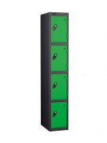 Single Metal Storage Locker | 4 Doors | 1780 x 305 x 305mm | Black Carcass | Green Door | Cam Lock | Probe