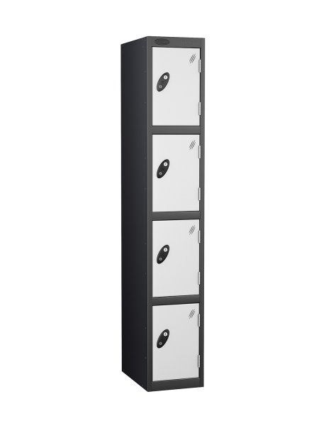 Single Metal Storage Locker | 4 Doors | 1780 x 305 x 305mm | Black Carcass | White Door | Cam Lock | Probe