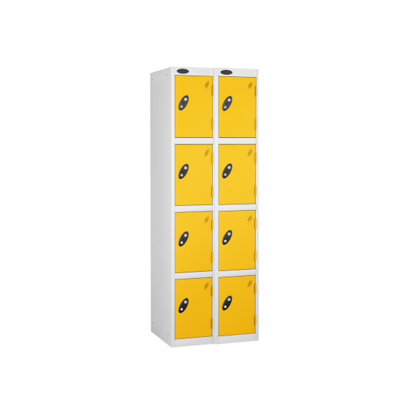 Nest of 2 Metal Storage Lockers | 4 Doors | 1780 x 305 x 305mm | White Carcass | Yellow Door | Cam Lock | Probe