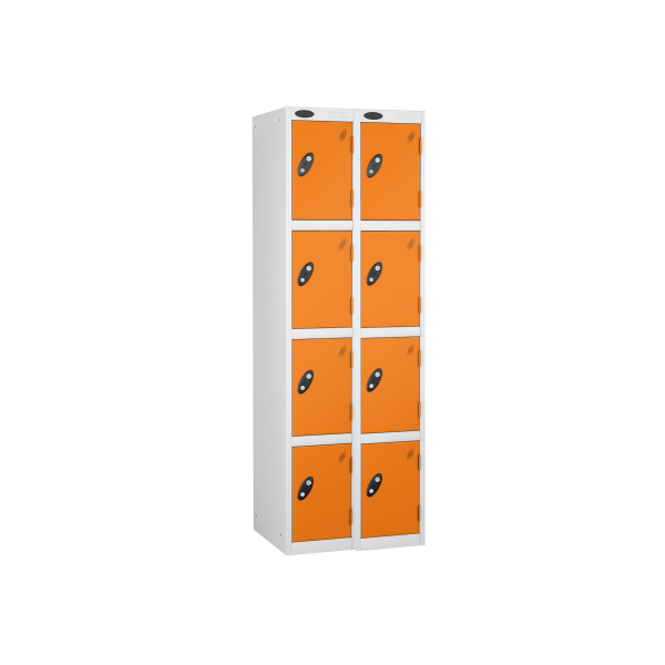 Nest of 2 Metal Storage Lockers | 4 Doors | 1780 x 305 x 305mm | White Carcass | Orange Door | Cam Lock | Probe