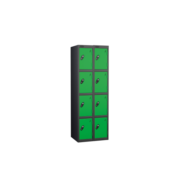 Nest of 2 Metal Storage Lockers | 4 Doors | 1780 x 305 x 305mm | Black Carcass | Green Door | Cam Lock | Probe