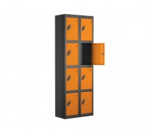 Nest of 2 Metal Storage Lockers | 4 Doors | 1780 x 305 x 305mm | Black Carcass | Orange Door | Cam Lock | Probe