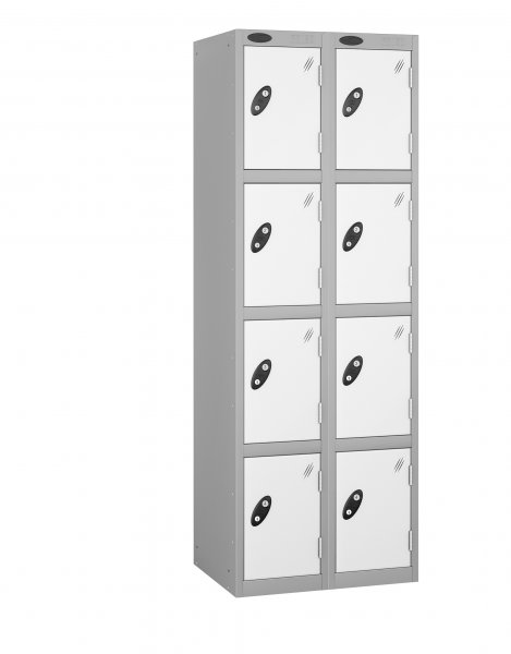 Nest of 2 Metal Storage Lockers | 4 Doors | 1780 x 305 x 305mm | Silver Carcass | White Door | Cam Lock | Probe