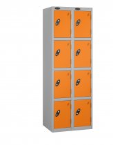 Nest of 2 Metal Storage Lockers | 4 Doors | 1780 x 305 x 305mm | Silver Carcass | Orange Door | Cam Lock | Probe