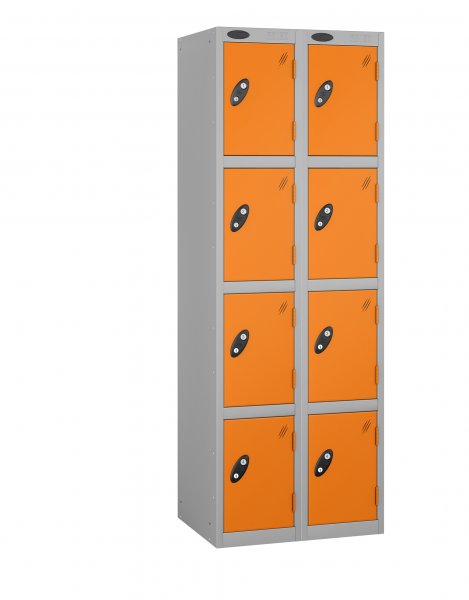 Nest of 2 Metal Storage Lockers | 4 Doors | 1780 x 305 x 305mm | Silver Carcass | Orange Door | Cam Lock | Probe