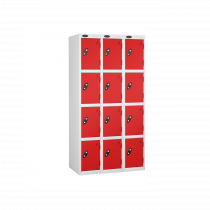 Nest of 3 Metal Storage Lockers | 4 Doors | 1780 x 305 x 305mm | White Carcass | Red Door | Cam Lock | Probe