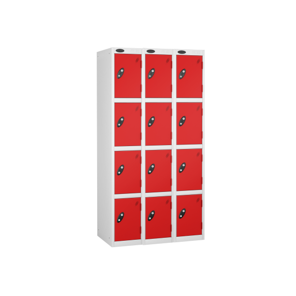 Nest of 3 Metal Storage Lockers | 4 Doors | 1780 x 305 x 305mm | White Carcass | Red Door | Cam Lock | Probe