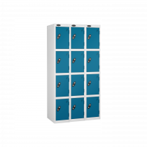 Nest of 3 Metal Storage Lockers | 4 Doors | 1780 x 305 x 305mm | White Carcass | Blue Door | Cam Lock | Probe