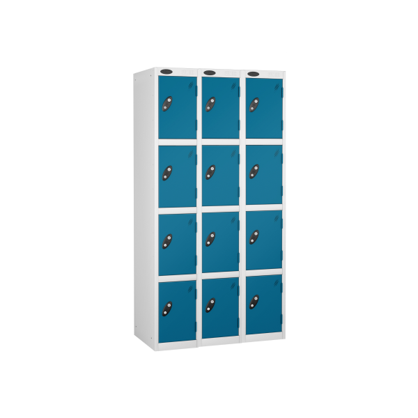 Nest of 3 Metal Storage Lockers | 4 Doors | 1780 x 305 x 305mm | White Carcass | Blue Door | Cam Lock | Probe