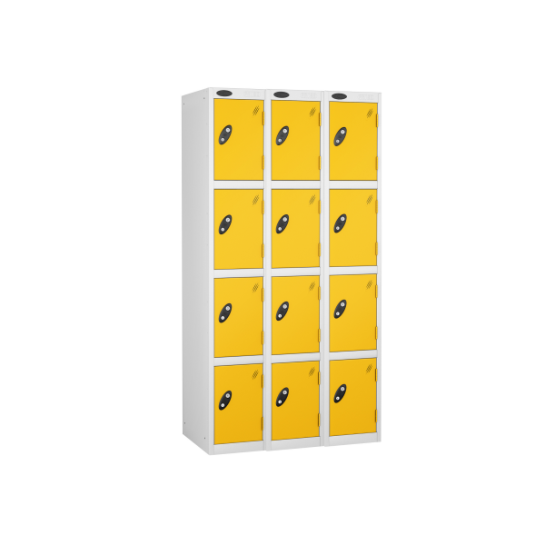 Nest of 3 Metal Storage Lockers | 4 Doors | 1780 x 305 x 305mm | White Carcass | Yellow Door | Cam Lock | Probe