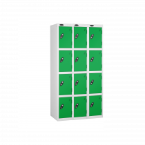 Nest of 3 Metal Storage Lockers | 4 Doors | 1780 x 305 x 305mm | White Carcass | Green Door | Cam Lock | Probe