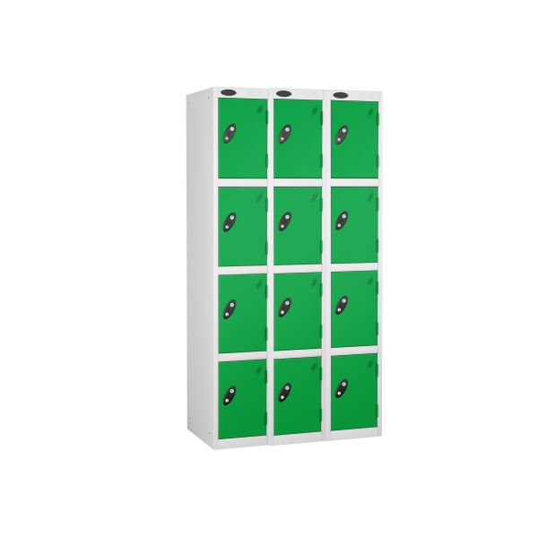 Nest of 3 Metal Storage Lockers | 4 Doors | 1780 x 305 x 305mm | White Carcass | Green Door | Cam Lock | Probe