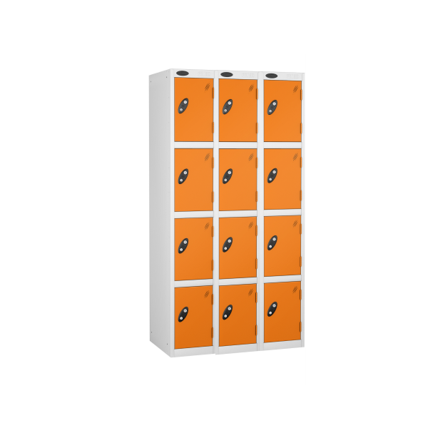 Nest of 3 Metal Storage Lockers | 4 Doors | 1780 x 305 x 305mm | White Carcass | Orange Door | Cam Lock | Probe