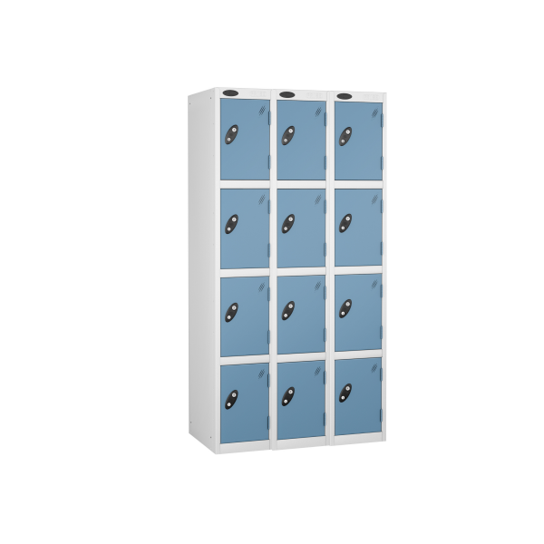 Nest of 3 Metal Storage Lockers | 4 Doors | 1780 x 305 x 305mm | White Carcass | Ocean Door | Cam Lock | Probe