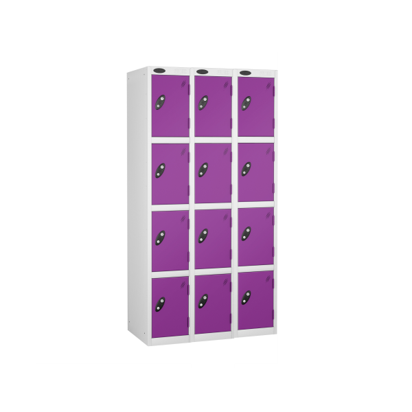 Nest of 3 Metal Storage Lockers | 4 Doors | 1780 x 305 x 305mm | White Carcass | Lilac Door | Cam Lock | Probe