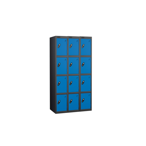 Nest of 3 Metal Storage Lockers | 4 Doors | 1780 x 305 x 305mm | Black Carcass | Blue Door | Cam Lock | Probe