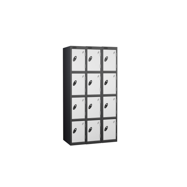 Nest of 3 Metal Storage Lockers | 4 Doors | 1780 x 305 x 305mm | Black Carcass | White Door | Cam Lock | Probe