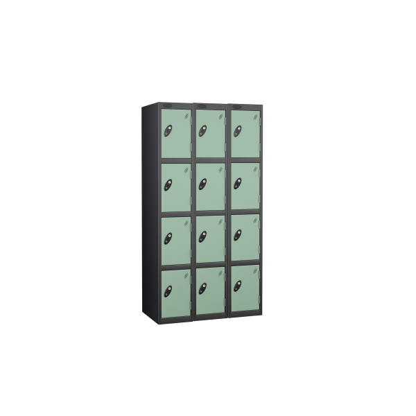 Nest of 3 Metal Storage Lockers | 4 Doors | 1780 x 305 x 305mm | Black Carcass | Jade Door | Cam Lock | Probe