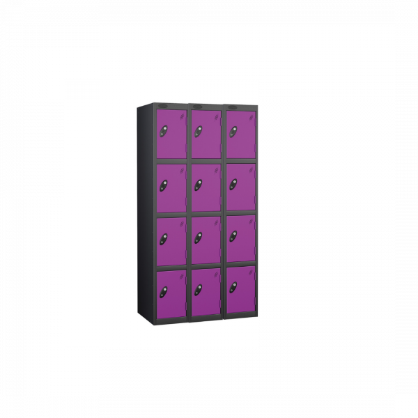 Nest of 3 Metal Storage Lockers | 4 Doors | 1780 x 305 x 305mm | Black Carcass | Lilac Door | Cam Lock | Probe