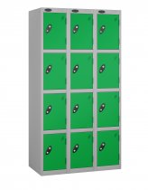 Nest of 3 Metal Storage Lockers | 4 Doors | 1780 x 305 x 305mm | Silver Carcass | Green Door | Cam Lock | Probe