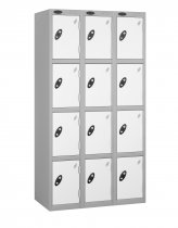 Nest of 3 Metal Storage Lockers | 4 Doors | 1780 x 305 x 305mm | Silver Carcass | White Door | Cam Lock | Probe