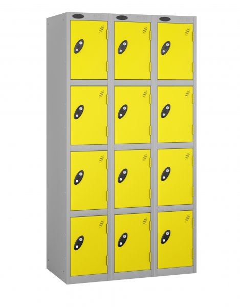 Nest of 3 Metal Storage Lockers | 4 Doors | 1780 x 305 x 305mm | Silver Carcass | Lemon Door | Cam Lock | Probe