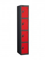 Single Metal Storage Locker | 4 Doors | 1780 x 305 x 380mm | Black Carcass | Red Door | Cam Lock | Probe