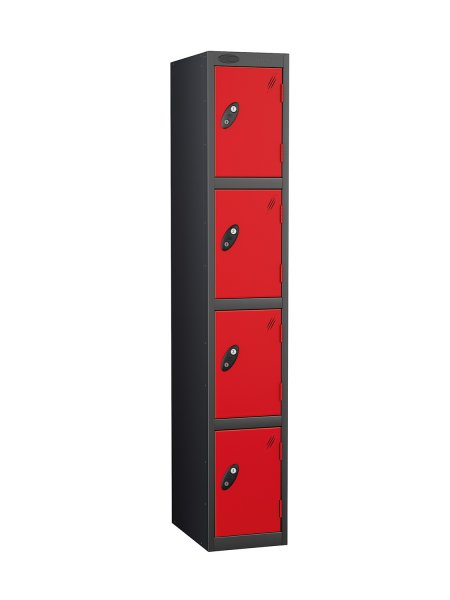 Single Metal Storage Locker | 4 Doors | 1780 x 305 x 380mm | Black Carcass | Red Door | Cam Lock | Probe