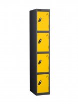 Single Metal Storage Locker | 4 Doors | 1780 x 305 x 380mm | Black Carcass | Yellow Door | Cam Lock | Probe