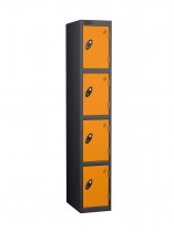 Single Metal Storage Locker | 4 Doors | 1780 x 305 x 380mm | Black Carcass | Orange Door | Cam Lock | Probe