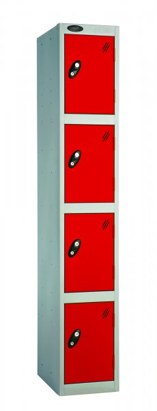 Single Metal Storage Locker | 4 Doors | 1780 x 305 x 380mm | Silver Carcass | Red Door | Cam Lock | Probe