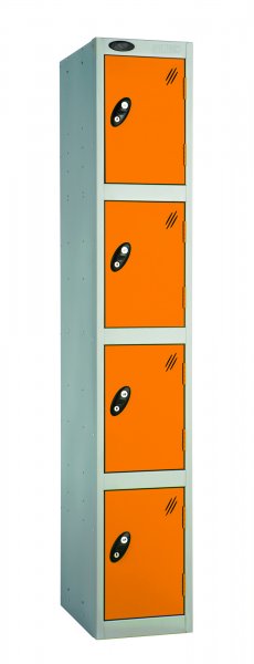 Single Metal Storage Locker | 4 Doors | 1780 x 305 x 380mm | Silver Carcass | Orange Door | Cam Lock | Probe