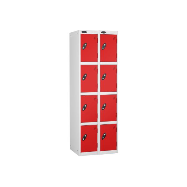 Nest of 2 Metal Storage Lockers | 4 Doors | 1780 x 305 x 380mm | White Carcass | Red Door | Cam Lock | Probe