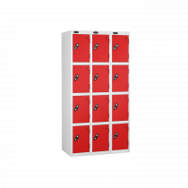 Nest of 3 Metal Storage Lockers | 4 Doors | 1780 x 305 x 380mm | White Carcass | Red Door | Cam Lock | Probe