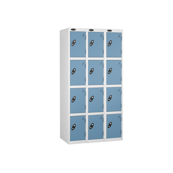 Nest of 3 Metal Storage Lockers | 4 Doors | 1780 x 305 x 380mm | White Carcass | Ocean Door | Cam Lock | Probe