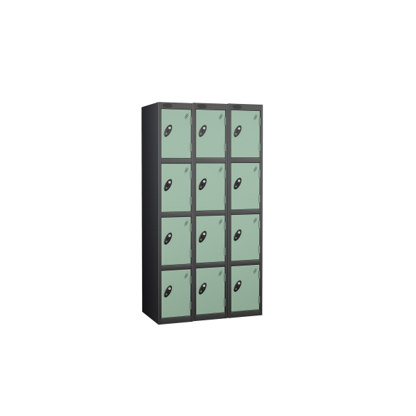 Nest of 3 Metal Storage Lockers | 4 Doors | 1780 x 305 x 380mm | Black Carcass | Jade Door | Cam Lock | Probe