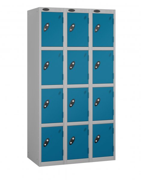 Nest of 3 Metal Storage Lockers | 4 Doors | 1780 x 305 x 380mm | Silver Carcass | Blue Door | Cam Lock | Probe