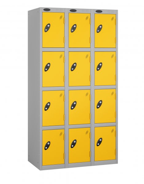 Nest of 3 Metal Storage Lockers | 4 Doors | 1780 x 305 x 380mm | Silver Carcass | Yellow Door | Cam Lock | Probe