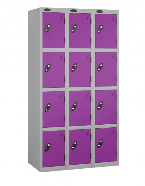 Nest of 3 Metal Storage Lockers | 4 Doors | 1780 x 305 x 380mm | Silver Carcass | Lilac Door | Cam Lock | Probe