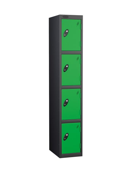 Single Metal Storage Locker | 4 Doors | 1780 x 305 x 460mm | Black Carcass | Green Door | Cam Lock | Probe