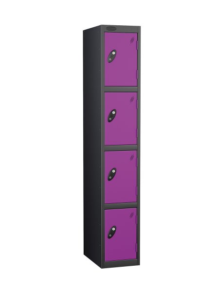 Single Metal Storage Locker | 4 Doors | 1780 x 305 x 460mm | Black Carcass | Lilac Door | Cam Lock | Probe