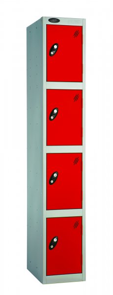 Single Metal Storage Locker | 4 Doors | 1780 x 305 x 460mm | Silver Carcass | Red Door | Cam Lock | Probe