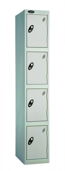 Single Metal Storage Locker | 4 Doors | 1780 x 305 x 460mm | Silver Carcass | Silver Door | Cam Lock | Probe