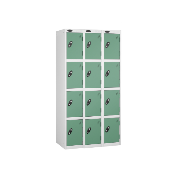 Nest of 3 Metal Storage Lockers | 4 Doors | 1780 x 305 x 460mm | White Carcass | Jade Door | Cam Lock | Probe