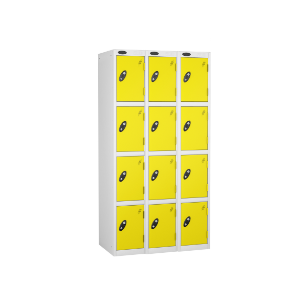 Nest of 3 Metal Storage Lockers | 4 Doors | 1780 x 305 x 460mm | White Carcass | Lemon Door | Cam Lock | Probe