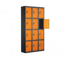 Nest of 3 Metal Storage Lockers | 4 Doors | 1780 x 305 x 460mm | Black Carcass | Orange Door | Cam Lock | Probe