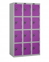 Nest of 3 Metal Storage Lockers | 4 Doors | 1780 x 305 x 460mm | Silver Carcass | Lilac Door | Cam Lock | Probe